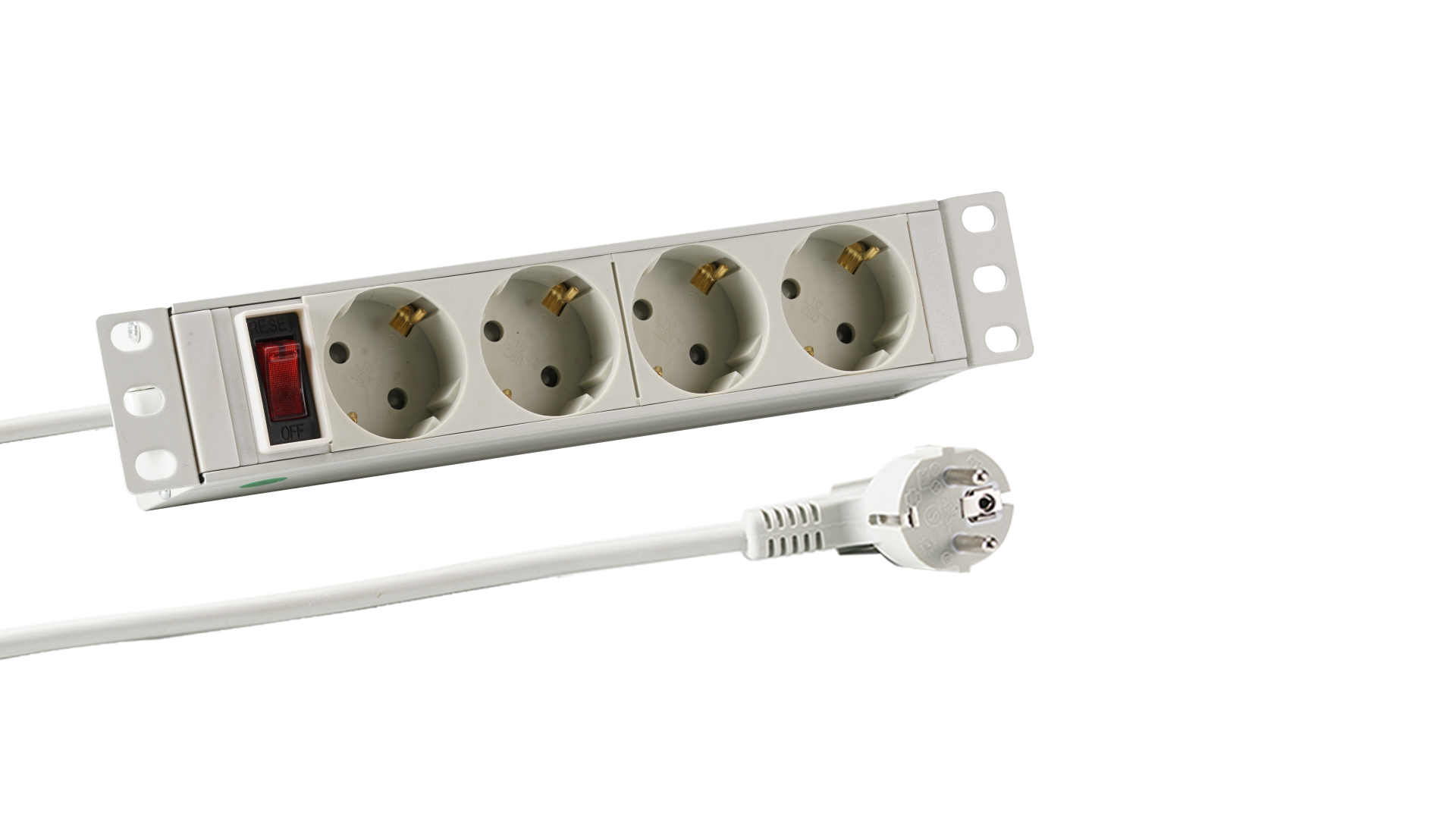 10“ 1U Socket Strip 4 x CEE 7/3 with Switch, in Alu Profile, Grey