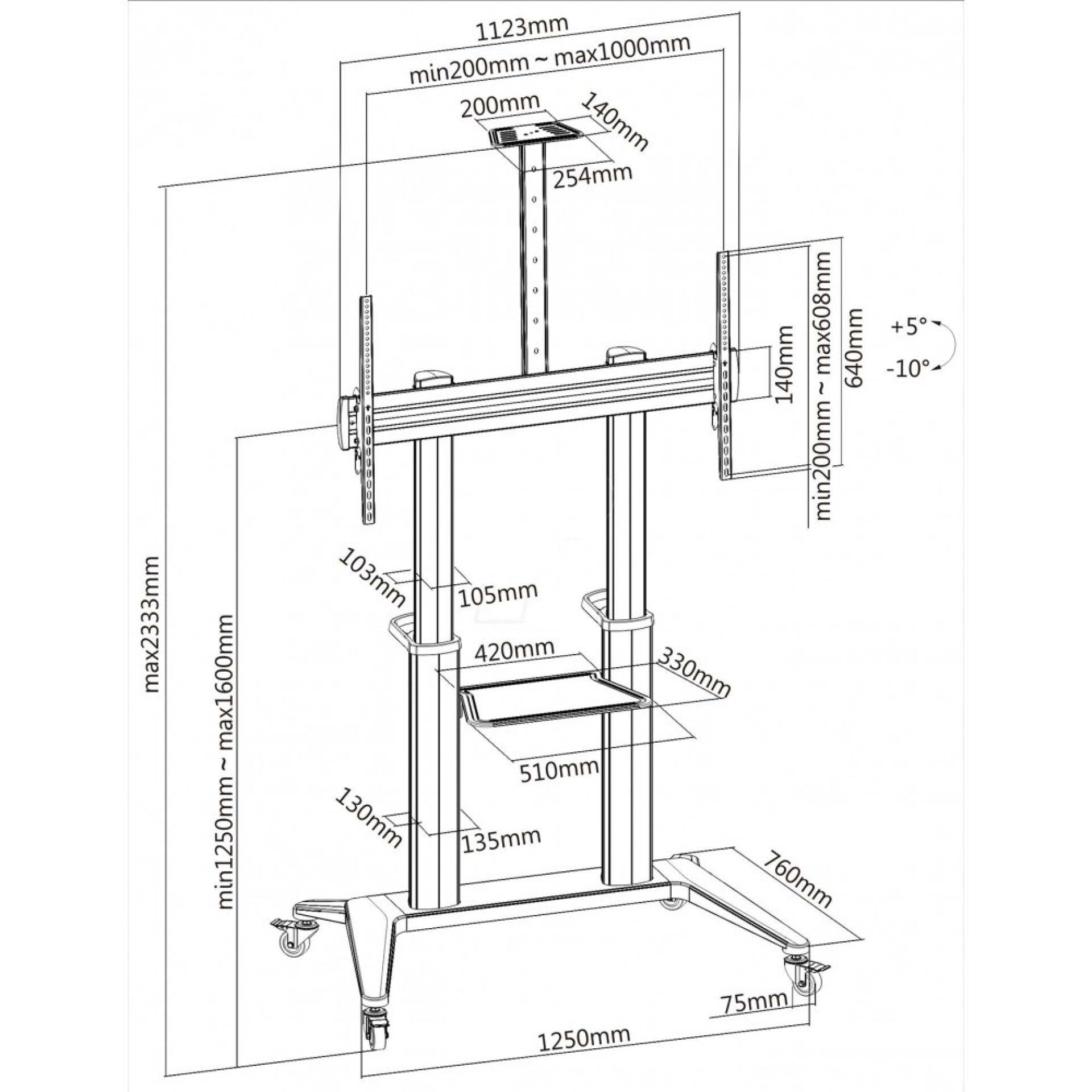 Ultra modern TV trolley made of aluminium, white, for TVs from 70" to 120"