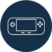 White line drawing of a portable game console with a display, directional pad, and buttons on a dark blue background.