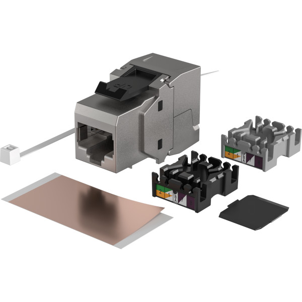 Zerlegtes RJ45 Keystone-Modul E-20070 mit Zubehör für professionelle und modulare Netzwerkverkabelung Zerlegtes RJ45 Keystone-Modul E-20070 mit Zubehör für professionelle und modulare Netzwerkverkabelung
