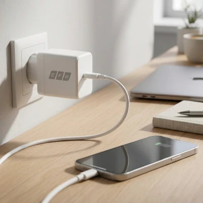 EFB-Elektronik USB-C Ladegerät lädt ein Smartphone am Schreibtisch und eignet sich für zuverlässiges Schnellladen im Büro und Homeoffice