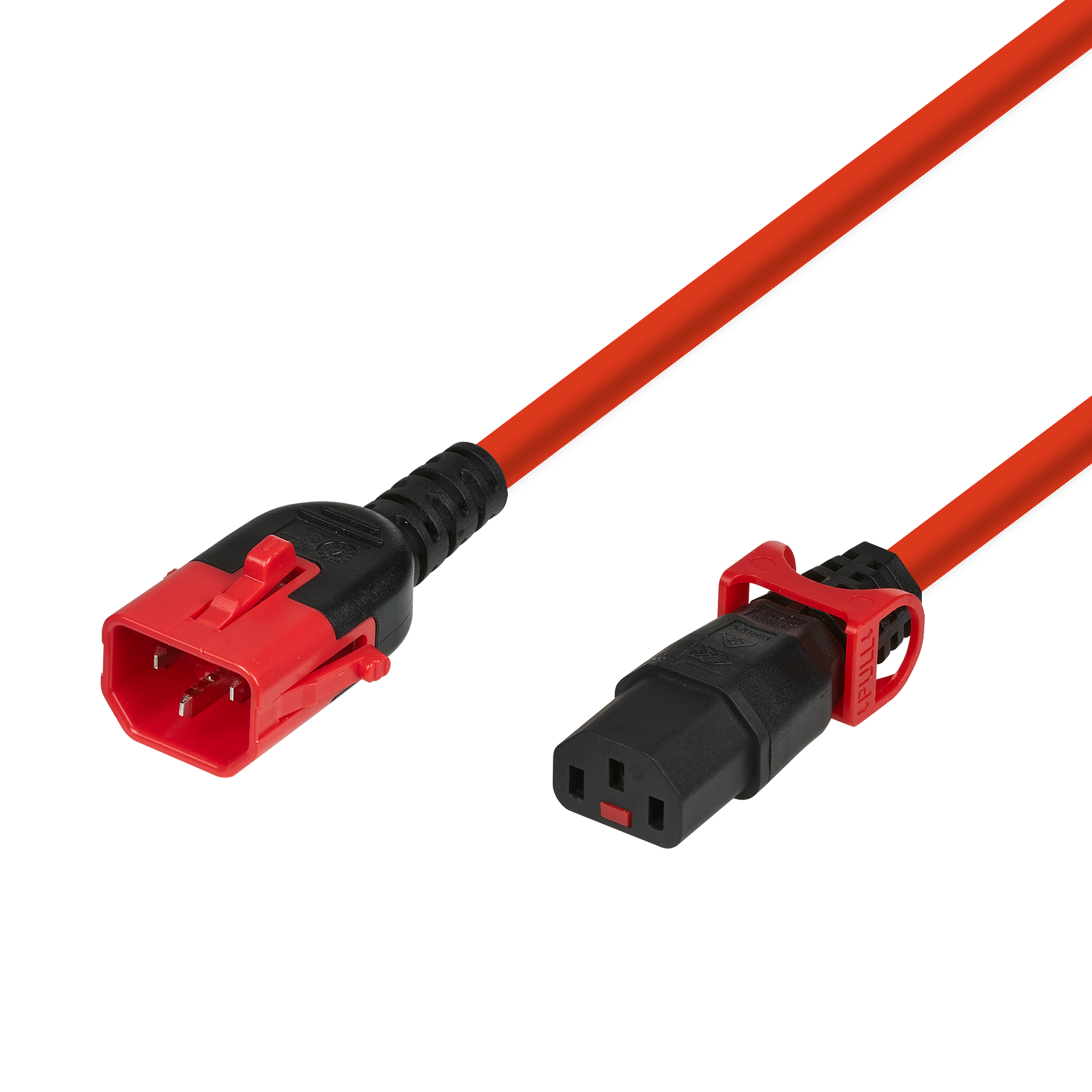 Kaltgeräteverlängerung C14 180° - C13 180°, Dual-Lock, rot, 0,5 m