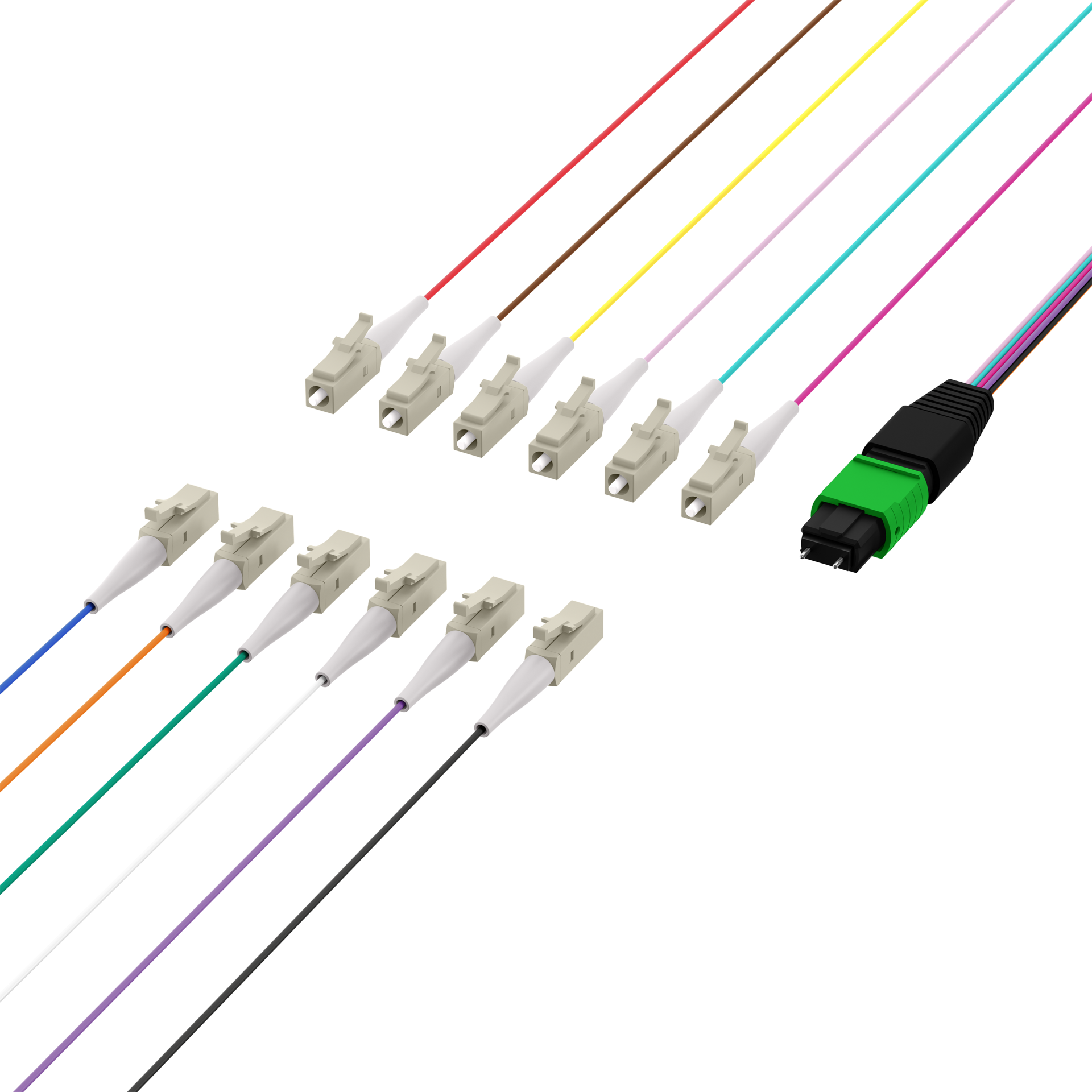 MTP®/APC(M)-LC/APC Fanout cable OS2 12 fibers Typ B LSZH yellow 0,4m