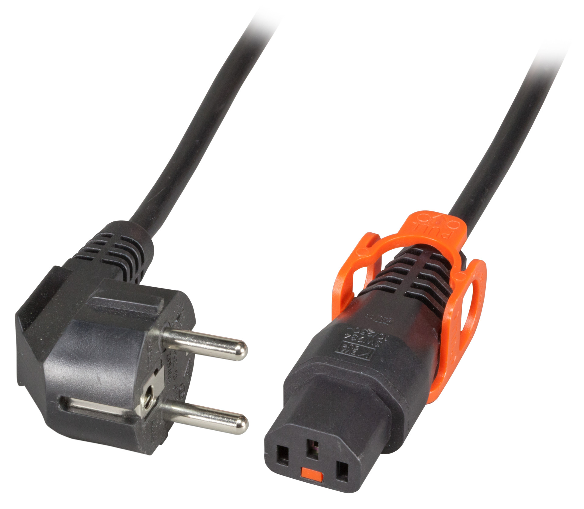Power Cable CEE7/7 90° - C13 180°, Black, 2.0 m, 3 x 1.00 mm², IEC Lock+