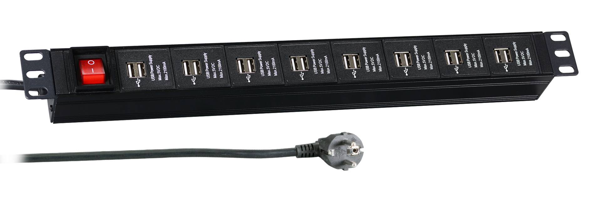 19“ 1U Socket Strip 16 x USB with Switch, Black
