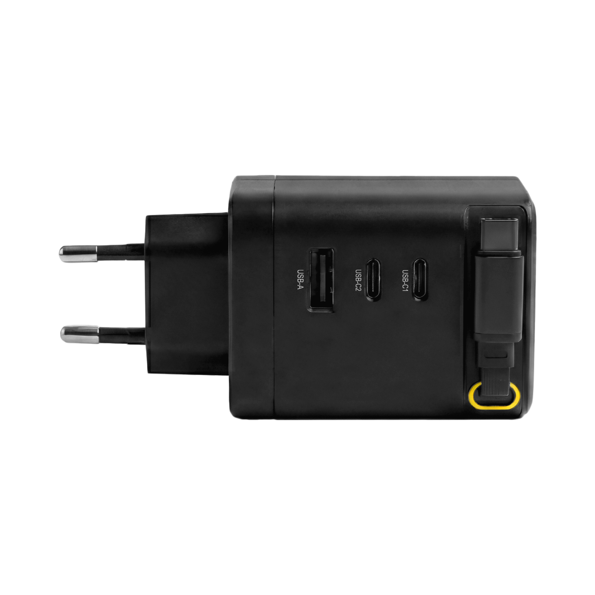 Ladegerät 100W 2xUSB-C+USB-A PD3.0 GaN QC3.0 USB-C Kabel ausziehbar 0,7m schwarz