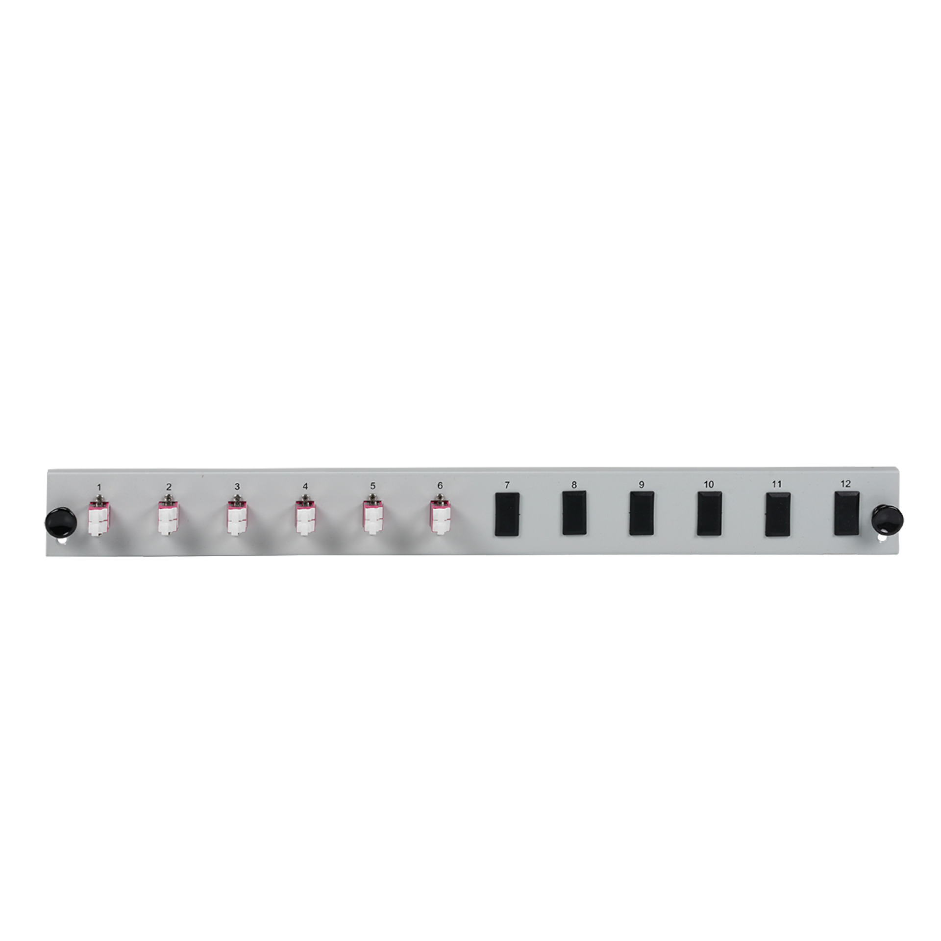 Bestückte 12 Port Frontblende mit 6 x LC Duplex Kupplung OM4 vertikal, grau