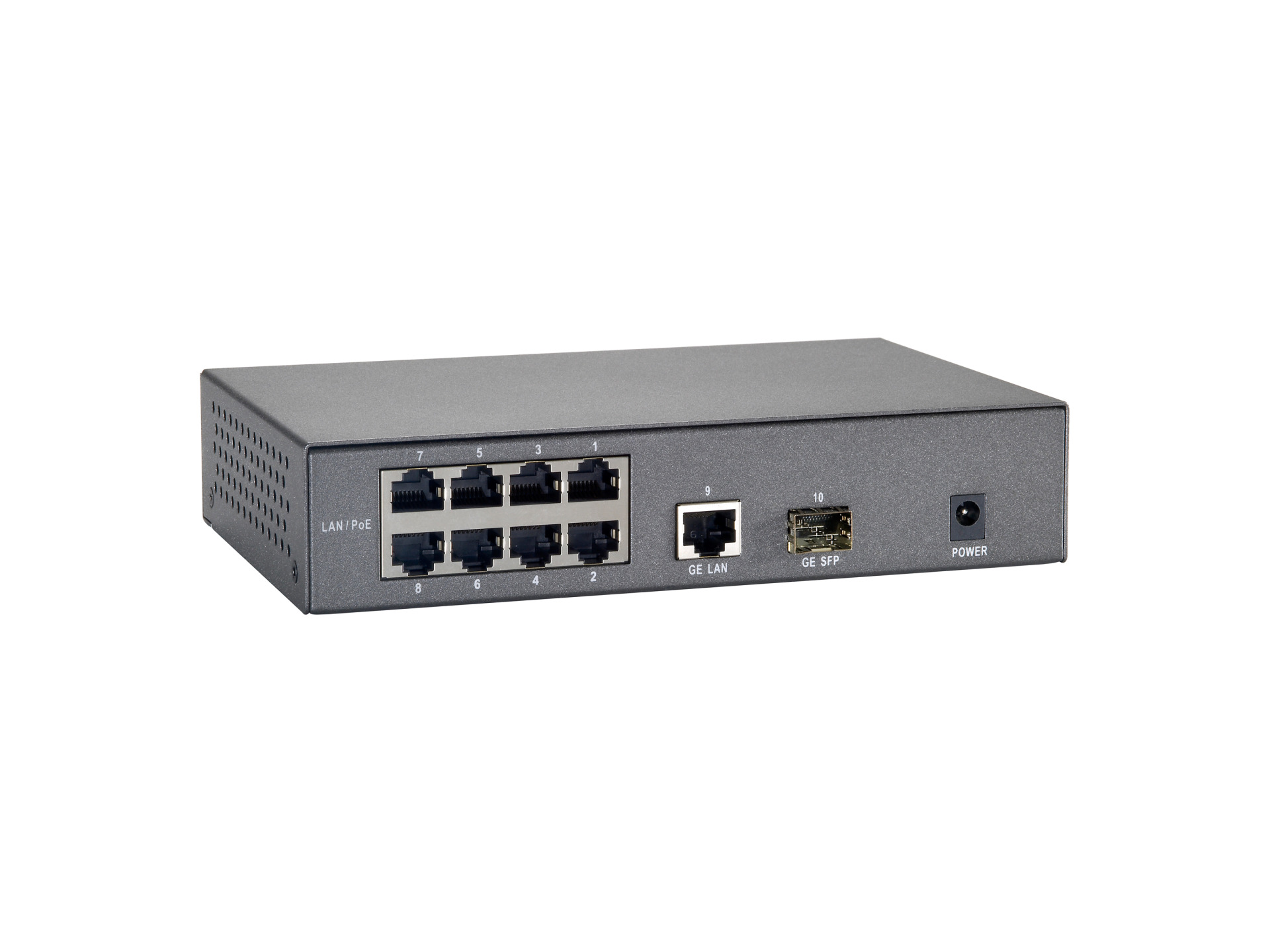 10-Port Fast Ethernet PoE+ Switch, 8x FE PoE+, + 1x GE RJ45, +1x GE SFP (65W)