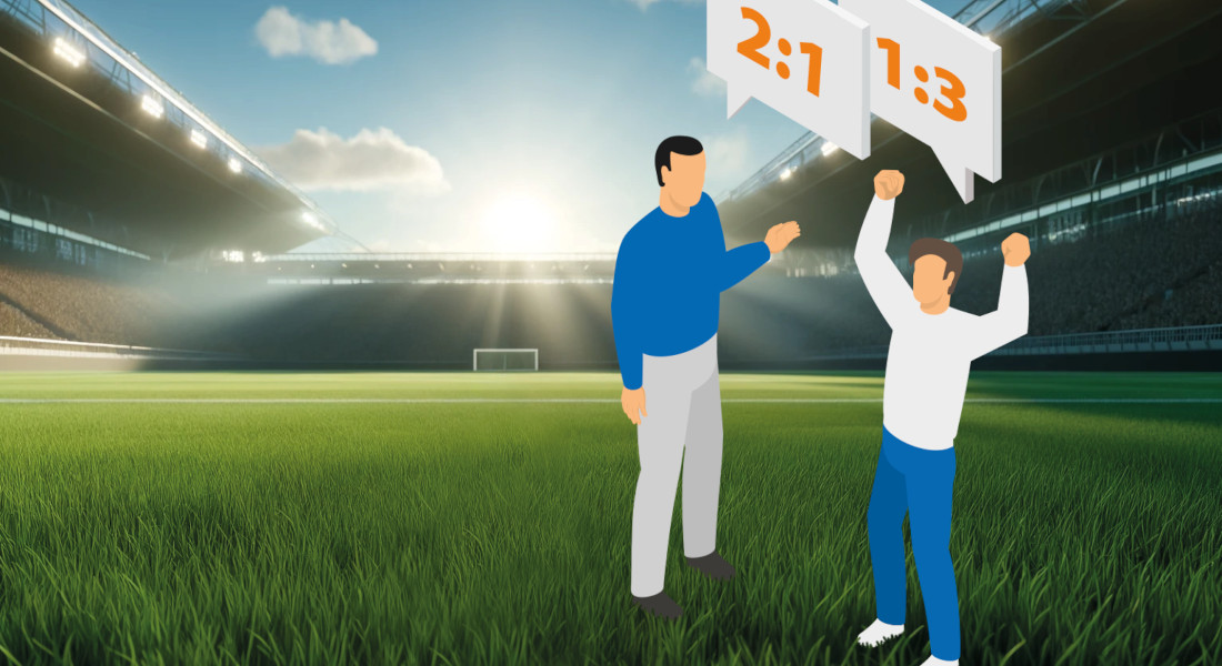 Zwei Männer stehen auf dem Rasen in einem großen, sonnendurchfluteten Fußballstadion. Die beiden Männer führen eine Diskussion über Fußballergebnisse, was durch über ihnen schwebenden Sprechblasen mit den Zahlen "2:1" und "1:3" angezeigt wird