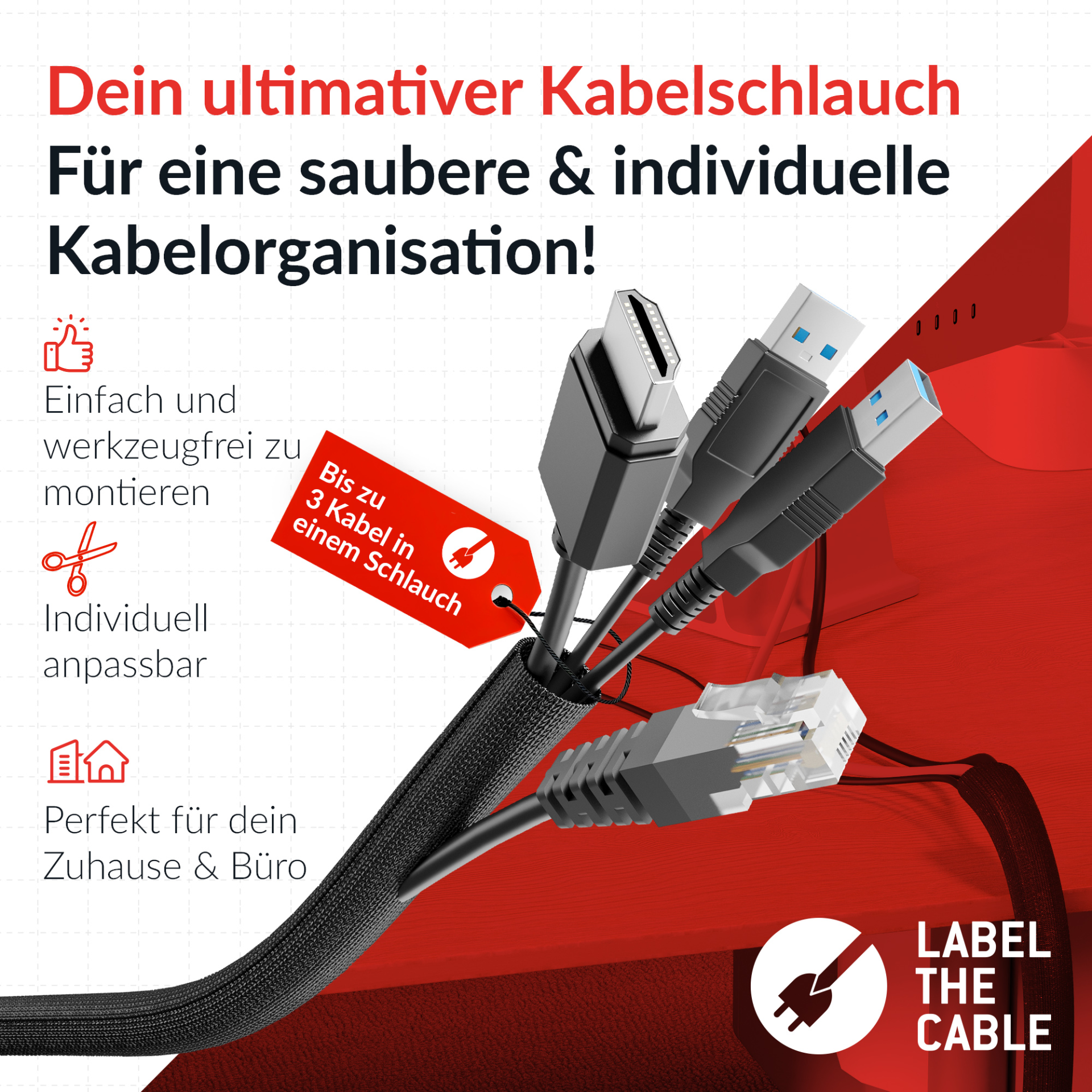 LTC CABLE TUBE Gewebekabelschlauch,Durchmesser 1 - 1,3 cm 25m schwarz