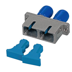 Hybrid fiber optic coupling with metallic housing and blue connections, including two blue protective caps. Hybrid fiber optic coupling with metallic housing and blue connections, including two blue protective caps.