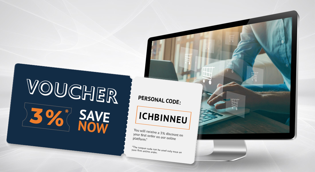 Coupon for new customers in front  of computer monitor EFB-Elektronik