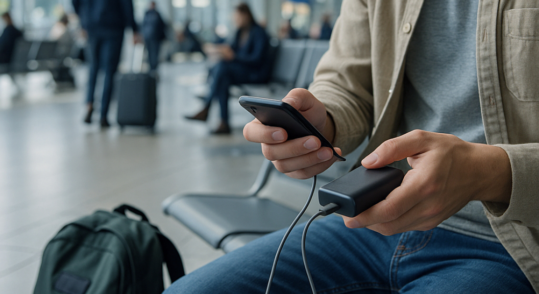 Smartphone wird unterwegs im Flughafen mit Powerbank über USB-C-Kabel geladen – mobile Stromversorgung für Reisen und Geschäftsreisende Smartphone wird unterwegs im Flughafen mit Powerbank über USB-C-Kabel geladen – mobile Stromversorgung für Reisen und Geschäftsreisende