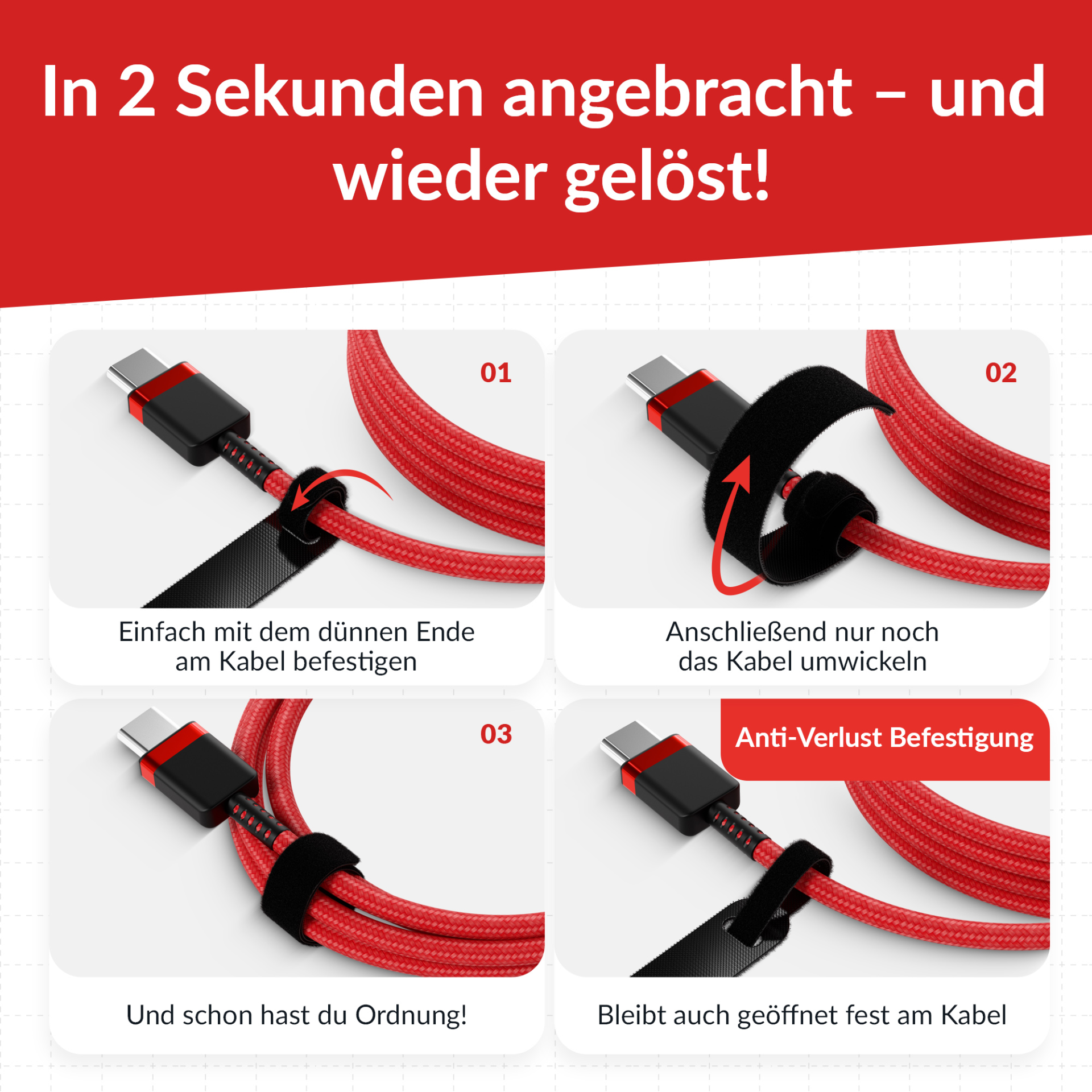 LTC BASIC STRAPS, Klettkabelbinder 10 Stück Set schwarz
