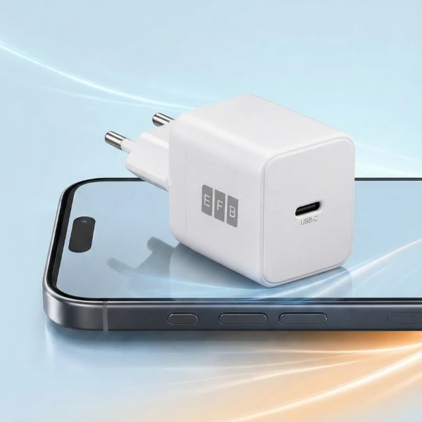The compact EFB-Elektronik USB-C fast charger sits on top of a smartphone and ensures fast, reliable charging of mobile devices