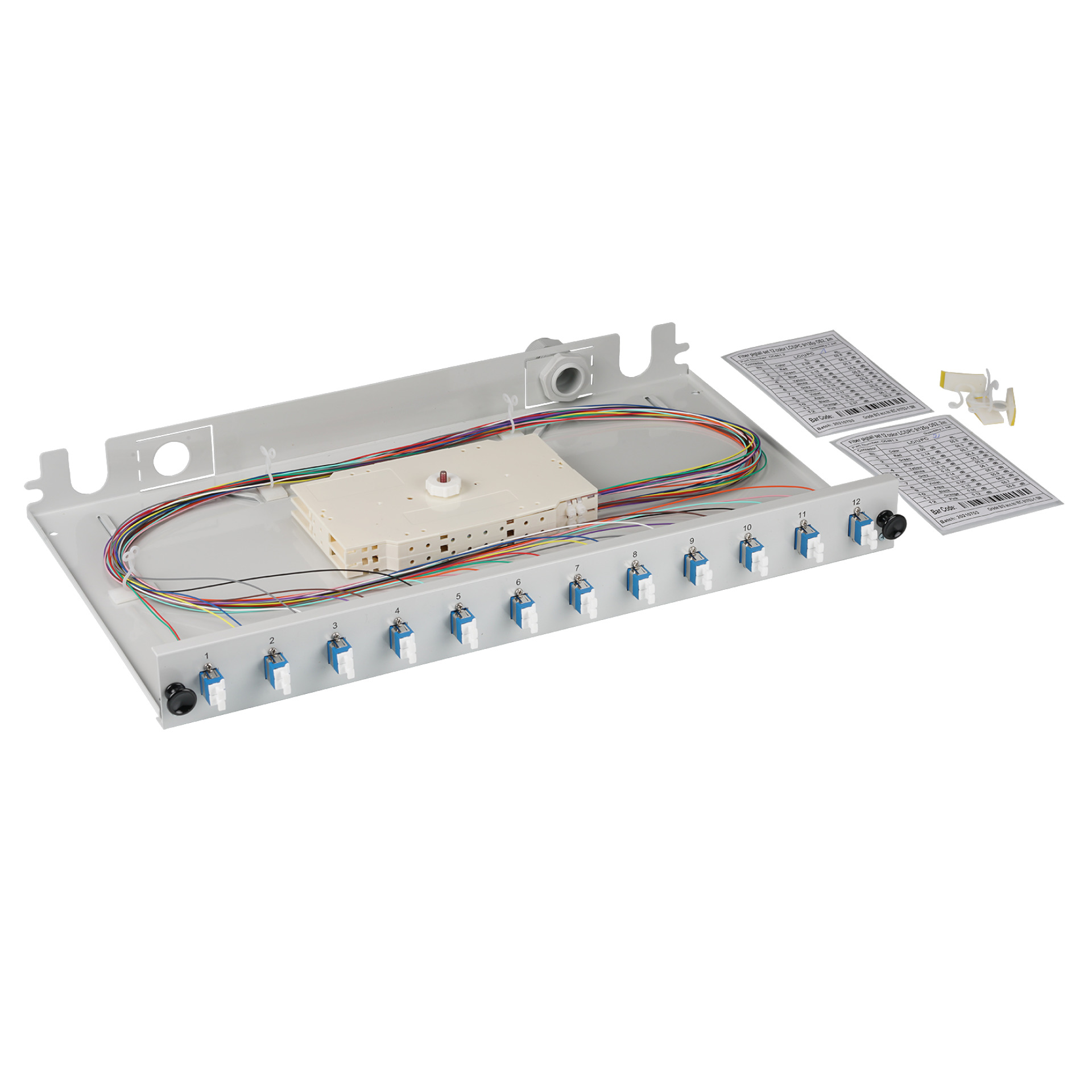 Splice box LC 9/125µ OS2 extendable, 24 pigtails stripped/12 adapters