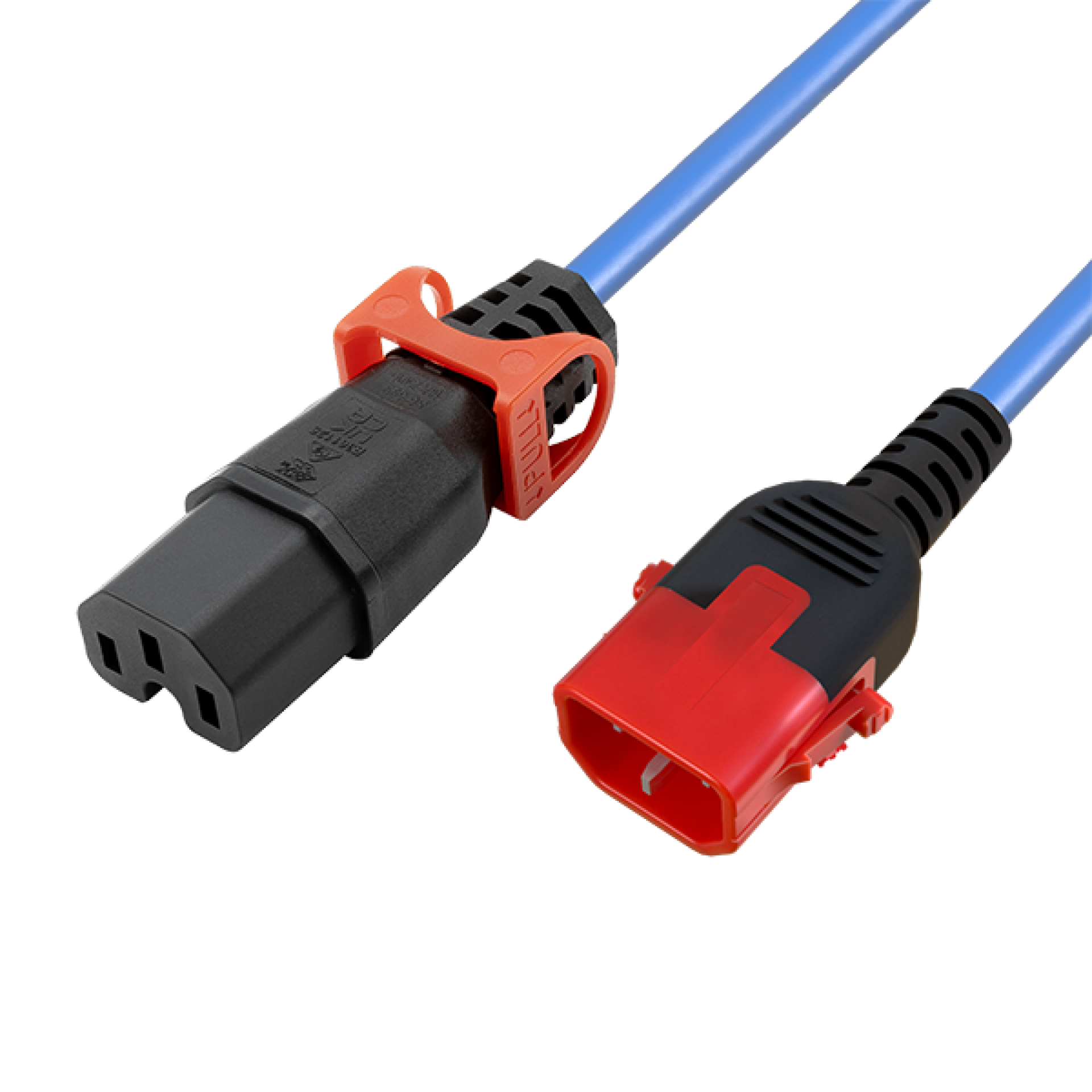 Kaltgeräteverlängerung Dual-Lock C14 - slim C15, IEC Lock, blau, 2 m