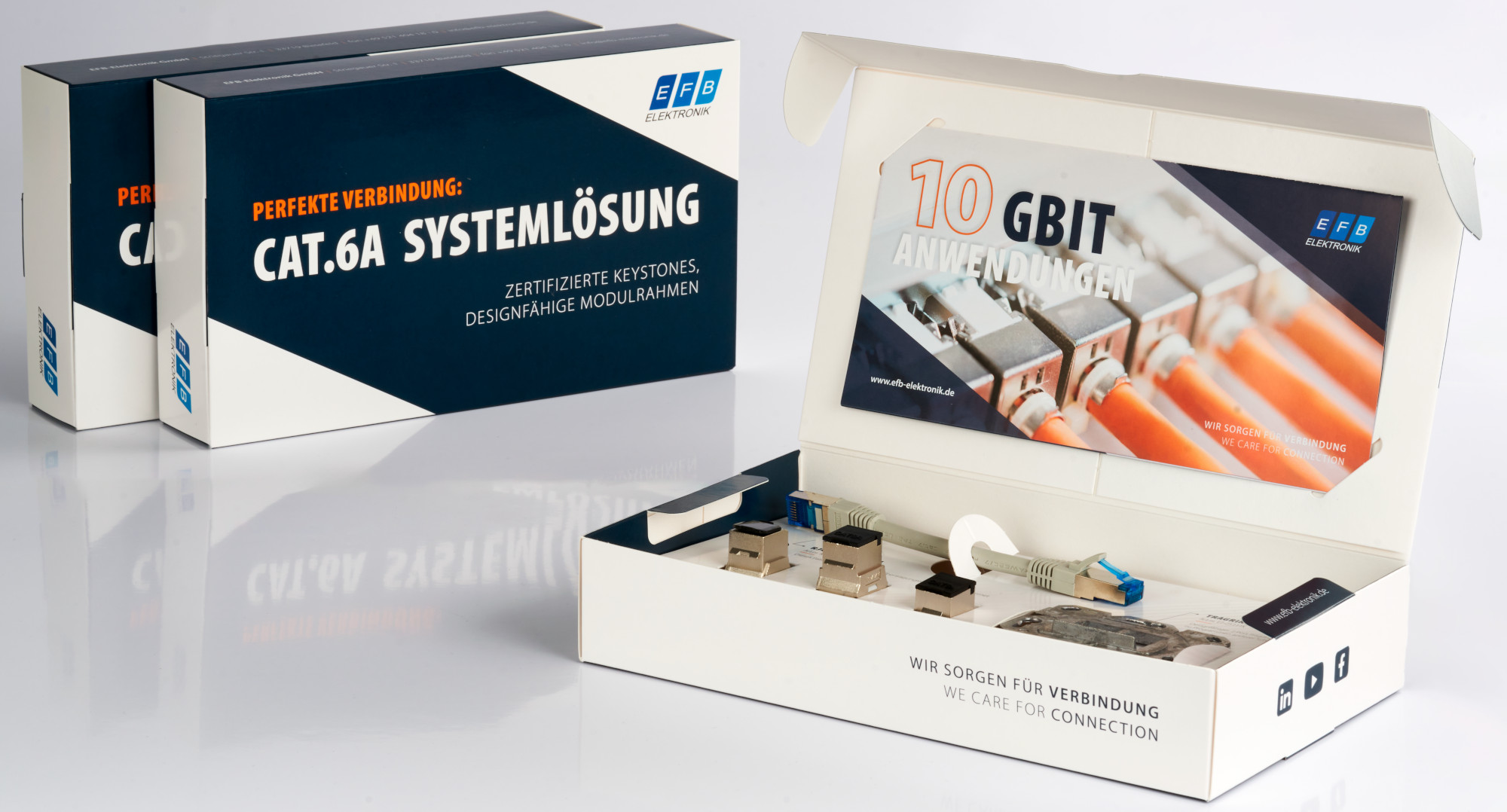 Hochwertiges CAT.6A Systemlösung-Set von EFB-Elektronik mit zertifizierten Keystones, modularen Rahmen und 10 Gbit-Komponenten für professionelle Netzwerkverbindungen. Hochwertiges CAT.6A Systemlösung-Set von EFB-Elektronik mit zertifizierten Keystones, modularen Rahmen und 10 Gbit-Komponenten für professionelle Netzwerkverbindungen.