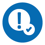 Icon: Großes Ausrufezeichen neben kleinem Checkmark auf blauem Hintergrund