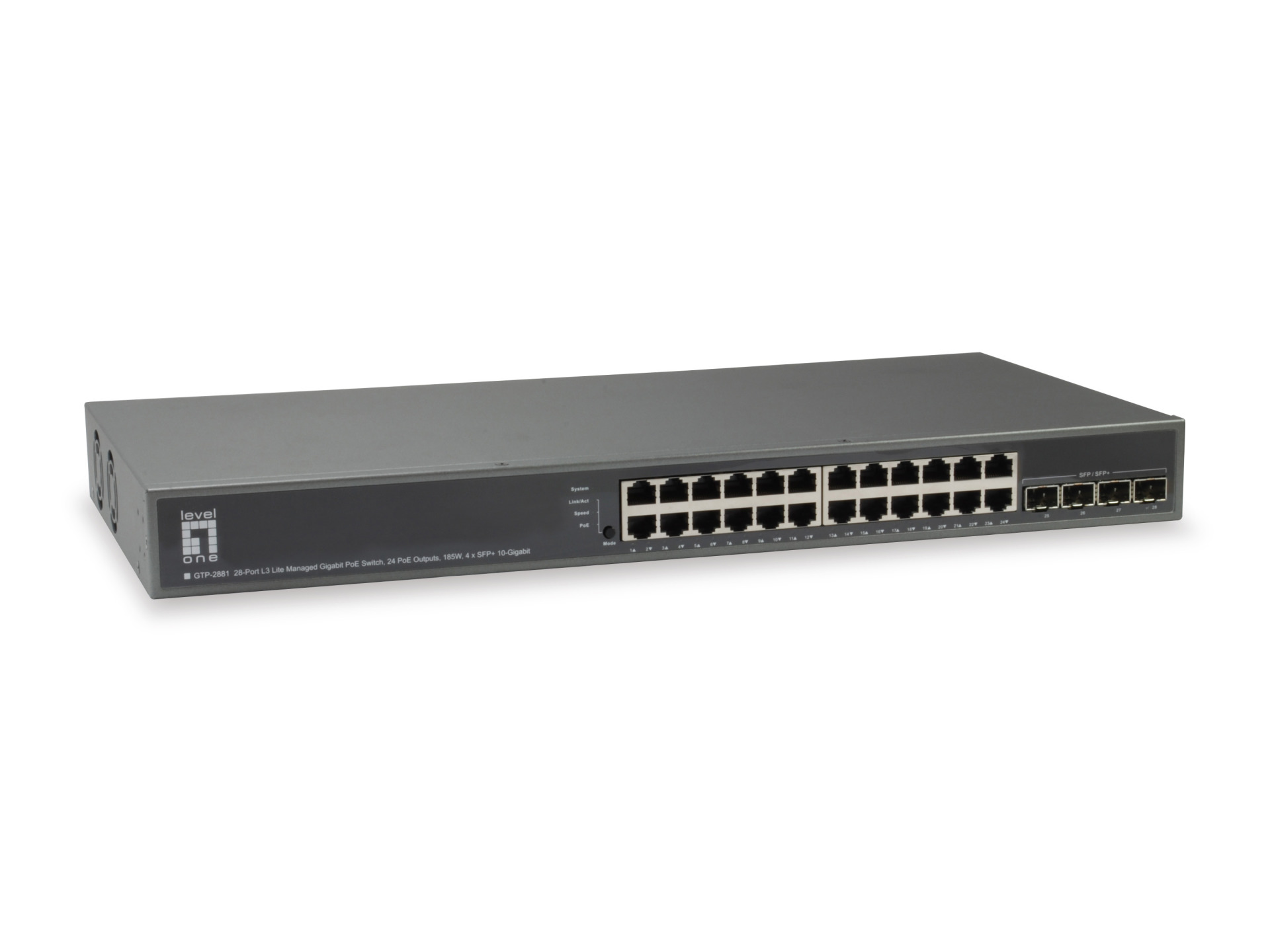 28-Port L3 Lite Managed Gigabit PoE Switch, 24 PoE Outputs, 185W, 4x 10GbE SFP+