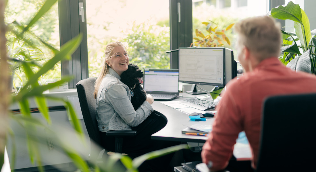 Eine Mitarbeiterin von EFB-Elektronik sitzt mit ihrem Hund auf dem Schoß am Schreibtisch und unterhält sich mit einem Kollegen | EFB-Elektronik