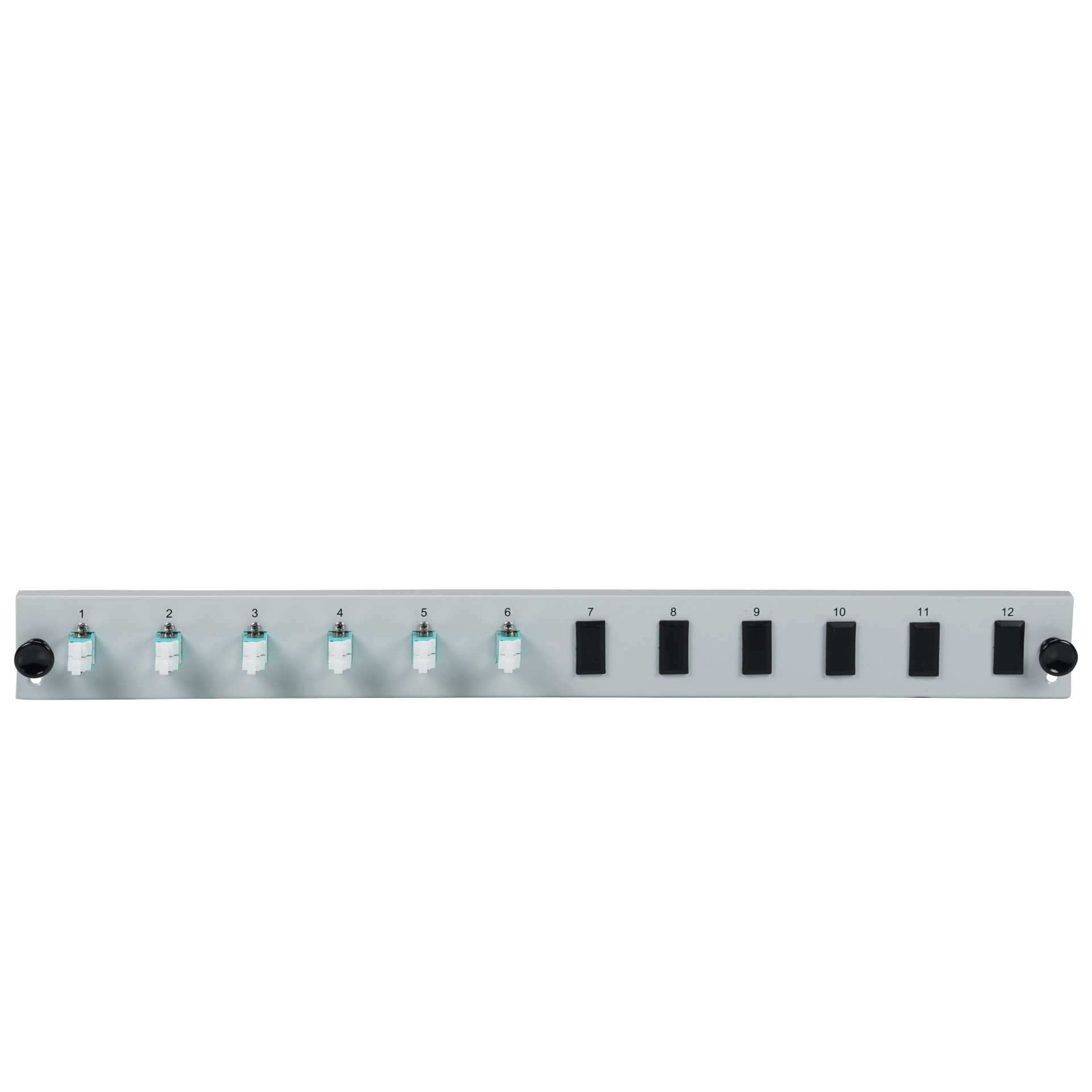 Bestückte 12 Port Frontblende mit 6 x LC Duplex Kupplung OM3 vertikal, grau