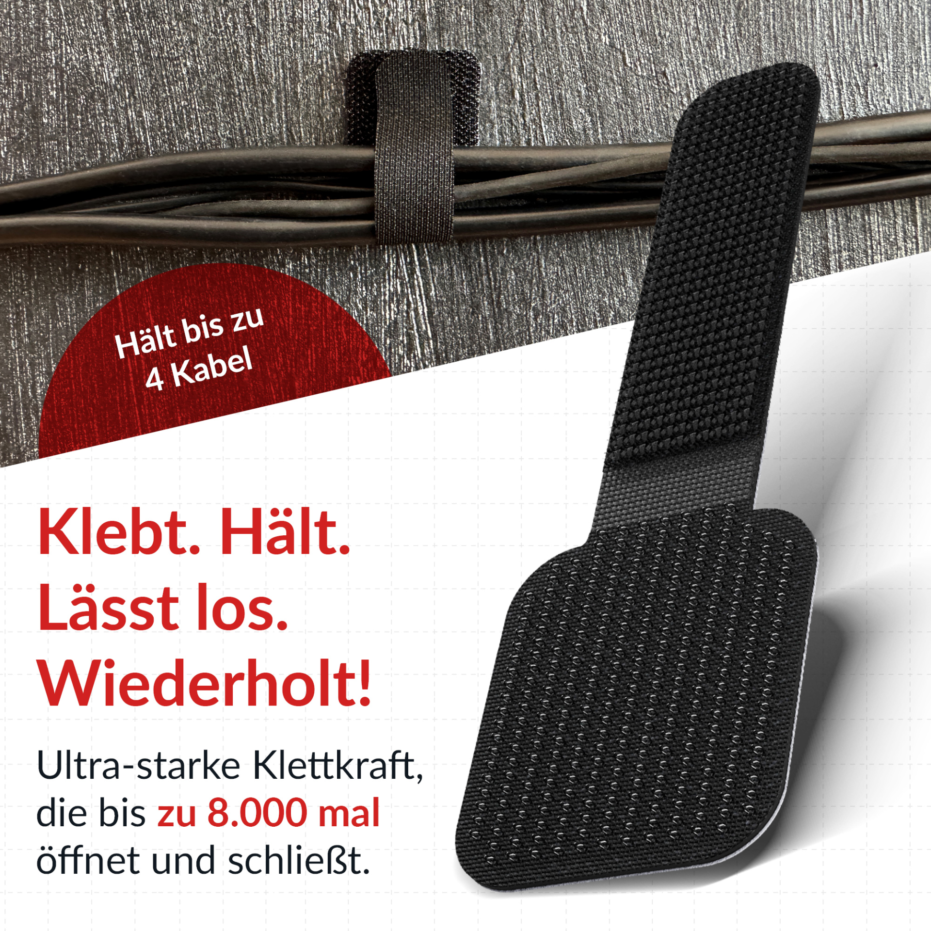 LTC WALL STRAPS Selbstklebende Klettkabelhalter,50 Stück Set schwarz