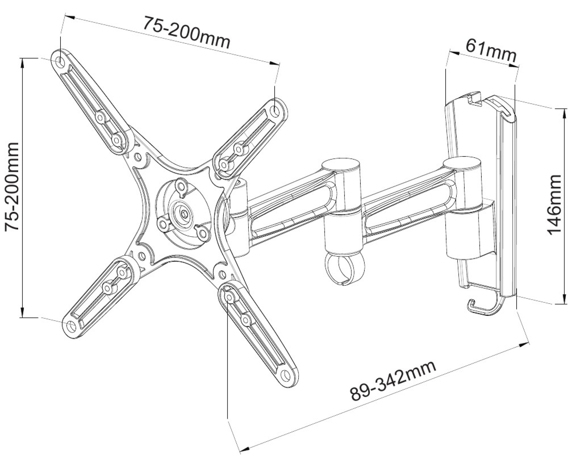 Wandhalterung für LCD TV LED 13"-37", ausziehbar, neigbar 3 Gelenke, schwarz