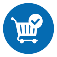 Einkaufswagen-Symbol mit Häkchen in einem blauen Kreis Einkaufswagen-Symbol mit Häkchen in einem blauen Kreis