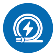 Blaues Icon mit Kabel und Blitzsymbol – Symbol für hohe Leitfähigkeit bei Kupferverkabelung