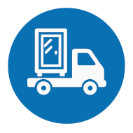 Blaues Icon mit weißem Lieferwagen und Serverschrank-Symbol für vormontierte Lieferung und sofort einsatzbereite Netzwerkschränke Blaues Icon mit weißem Lieferwagen und Serverschrank-Symbol für vormontierte Lieferung und sofort einsatzbereite Netzwerkschränke