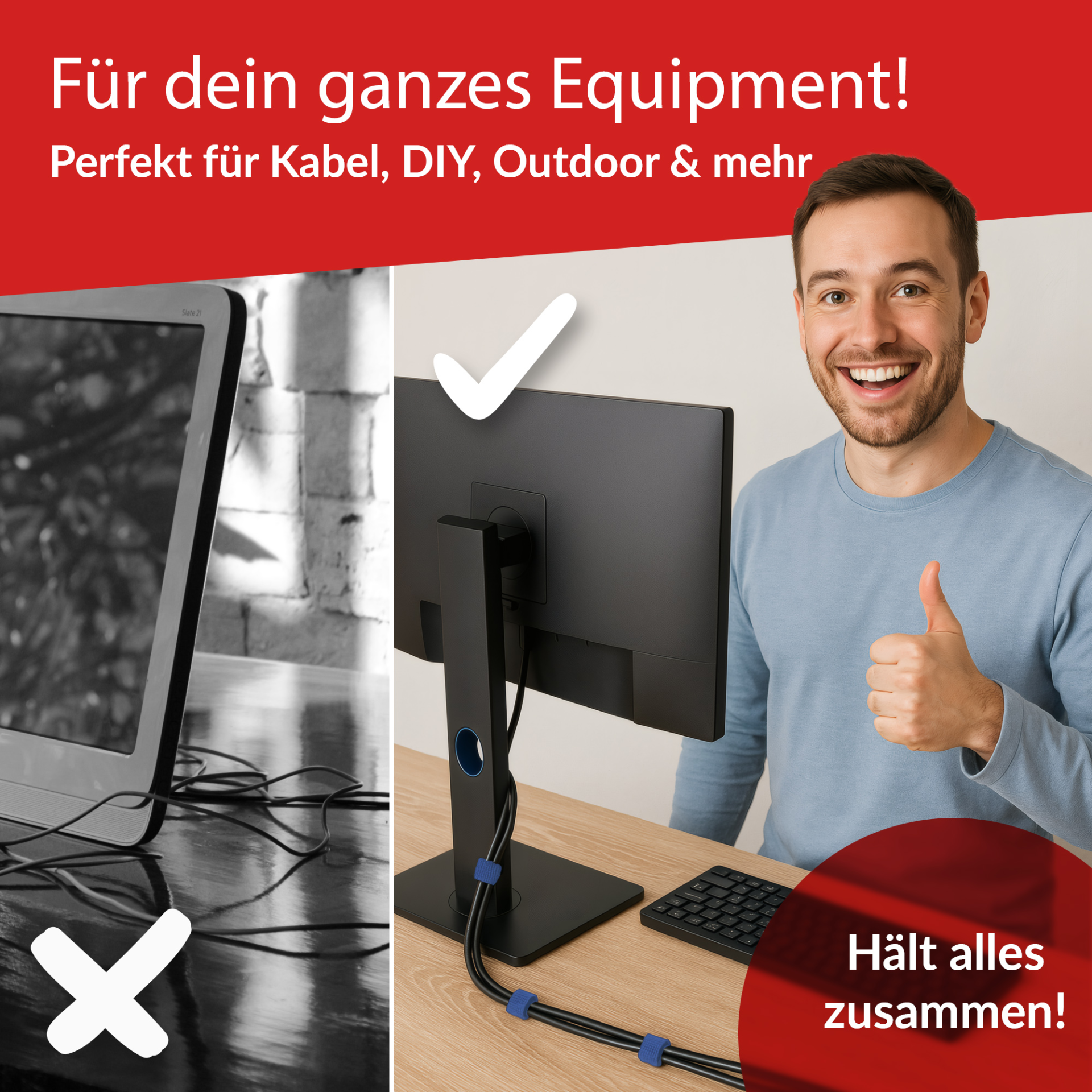 LTC ROLL STRAP, Doppelseitige Klettbandrolle 4x1m schwarz/gelb/blau/rot