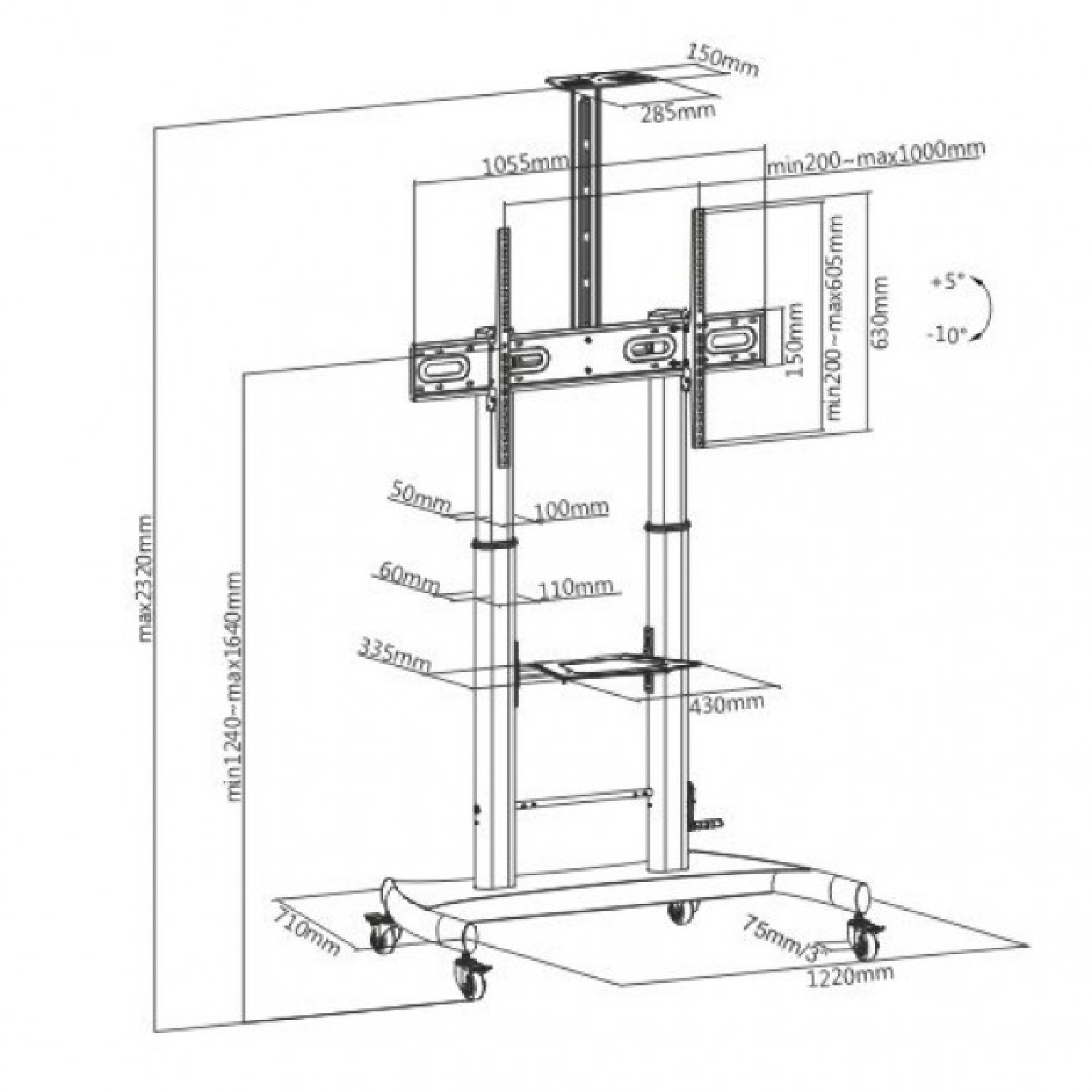 TV Trolley für LCD LED TV 60"-100", mit Ablage