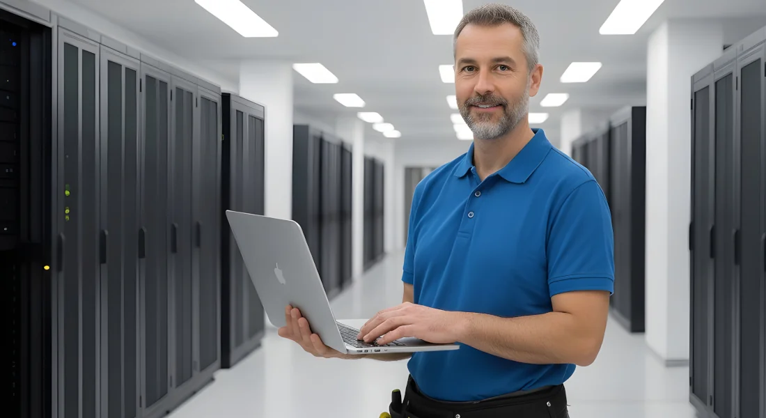 IT-Experte im Rechenzentrum mit Laptop vor Serverschränken für professionelle Netzwerktechnik