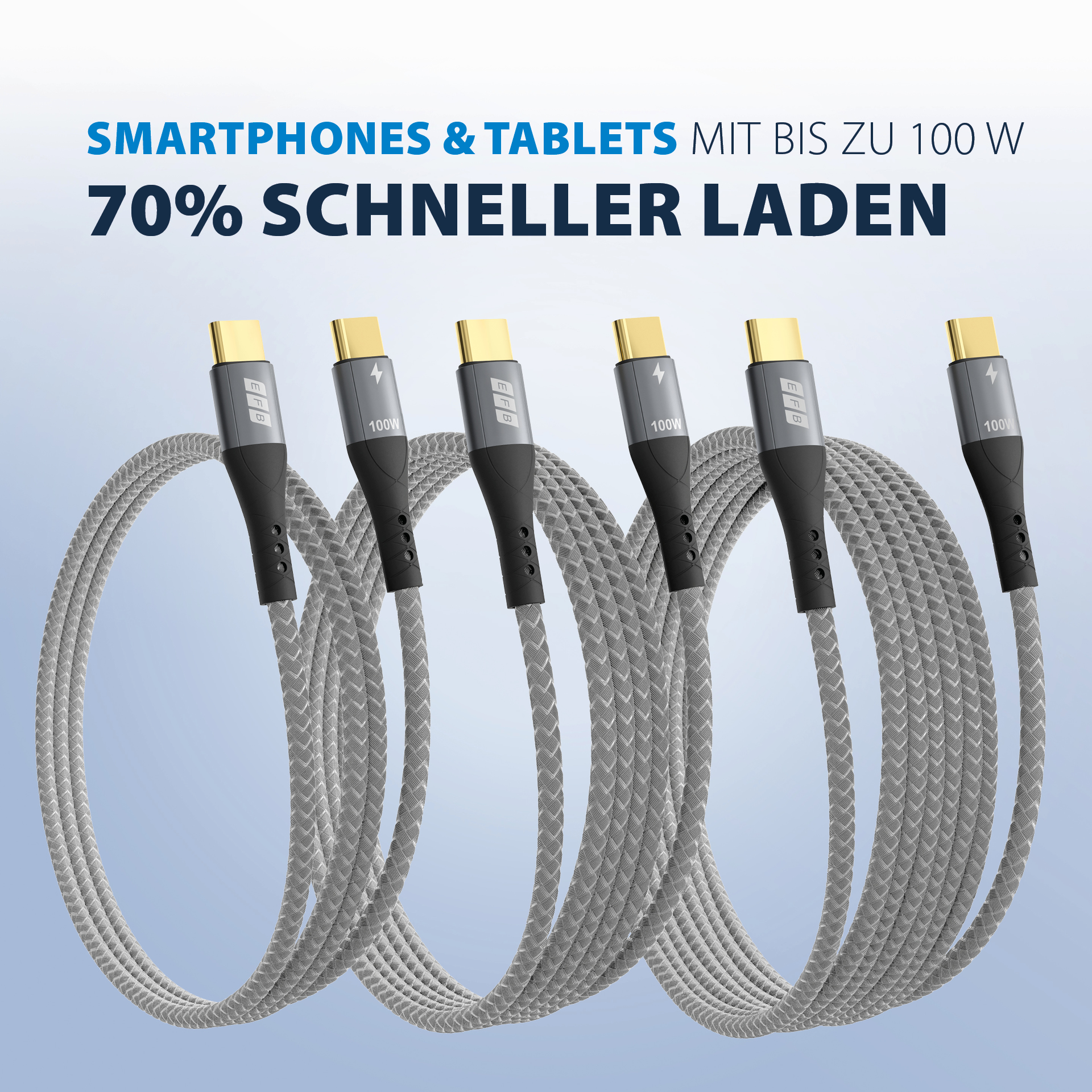 USB-C Kabelset 100W PD 3.0 5A E-Marker Chip 0,5m+1m+2m grau Goldkontakte Textil
