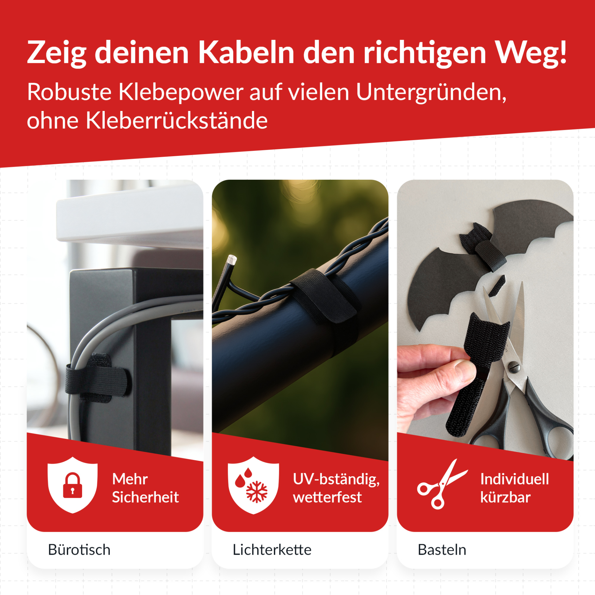 LTC WALL STRAPS Selbstklebende Klettkabelhalter,50 Stück Set schwarz