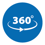 Icon: 360 Grad Text mit Pfeil auf blauem Hintergrund