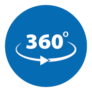 Icon: 360 degrees text with arrow on blue background