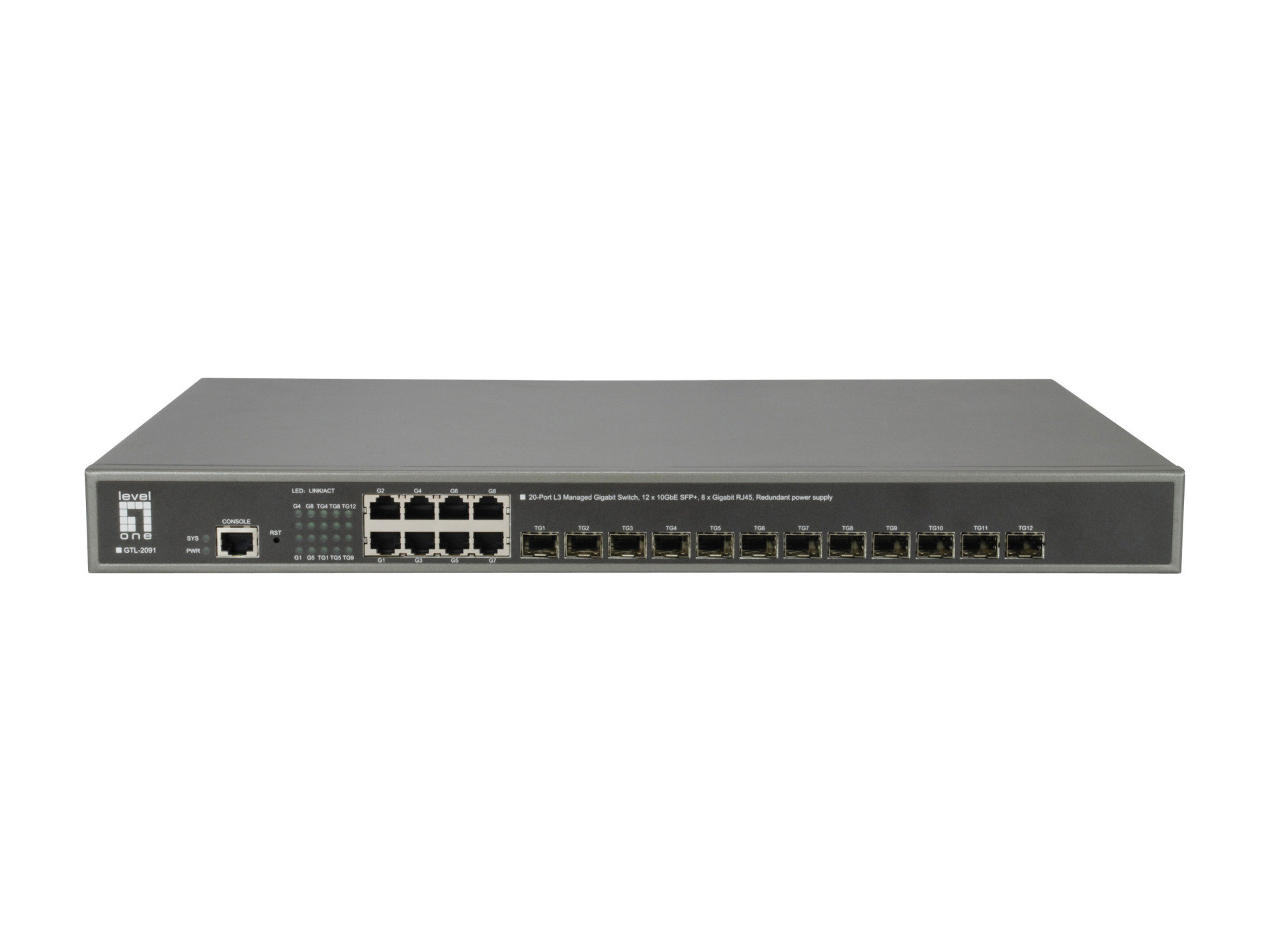 20-Port L3 Managed Gigabit Switch, 12x 10G SFP+,8x GE RJ45, Redundantes Netzteil