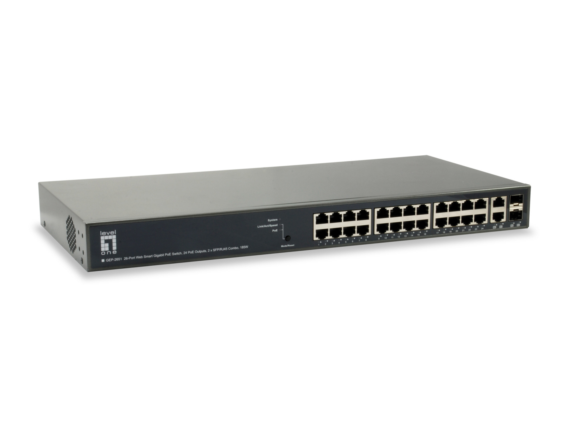 26-Port Web Managed GE PoE+ Switch, 2x SFP/RJ45 Combo, (185W)