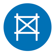Blaues Icon mit weißem Gerüst-Symbol für stabile, vormontierte Serverschränke und robuste Konstruktion Blaues Icon mit weißem Gerüst-Symbol für stabile, vormontierte Serverschränke und robuste Konstruktion