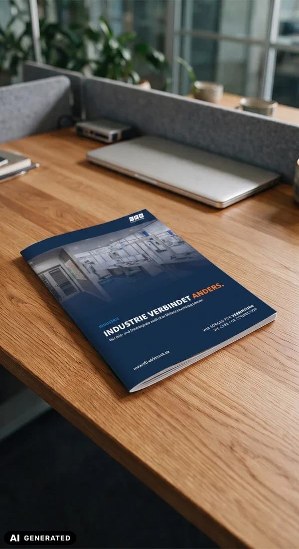 Whitepaper „Industrie verbindet anders“ von EFB-Elektronik auf einem Schreibtisch zum Thema zuverlässige Signal- und Datenübertragung in der Industrie.