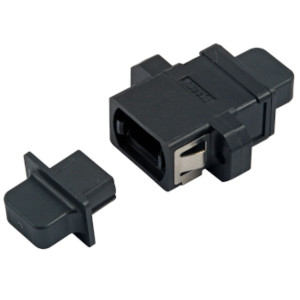 Black MPO/MTP fiber optic coupling with protective cap removed. Black MPO/MTP fiber optic coupling with protective cap removed.