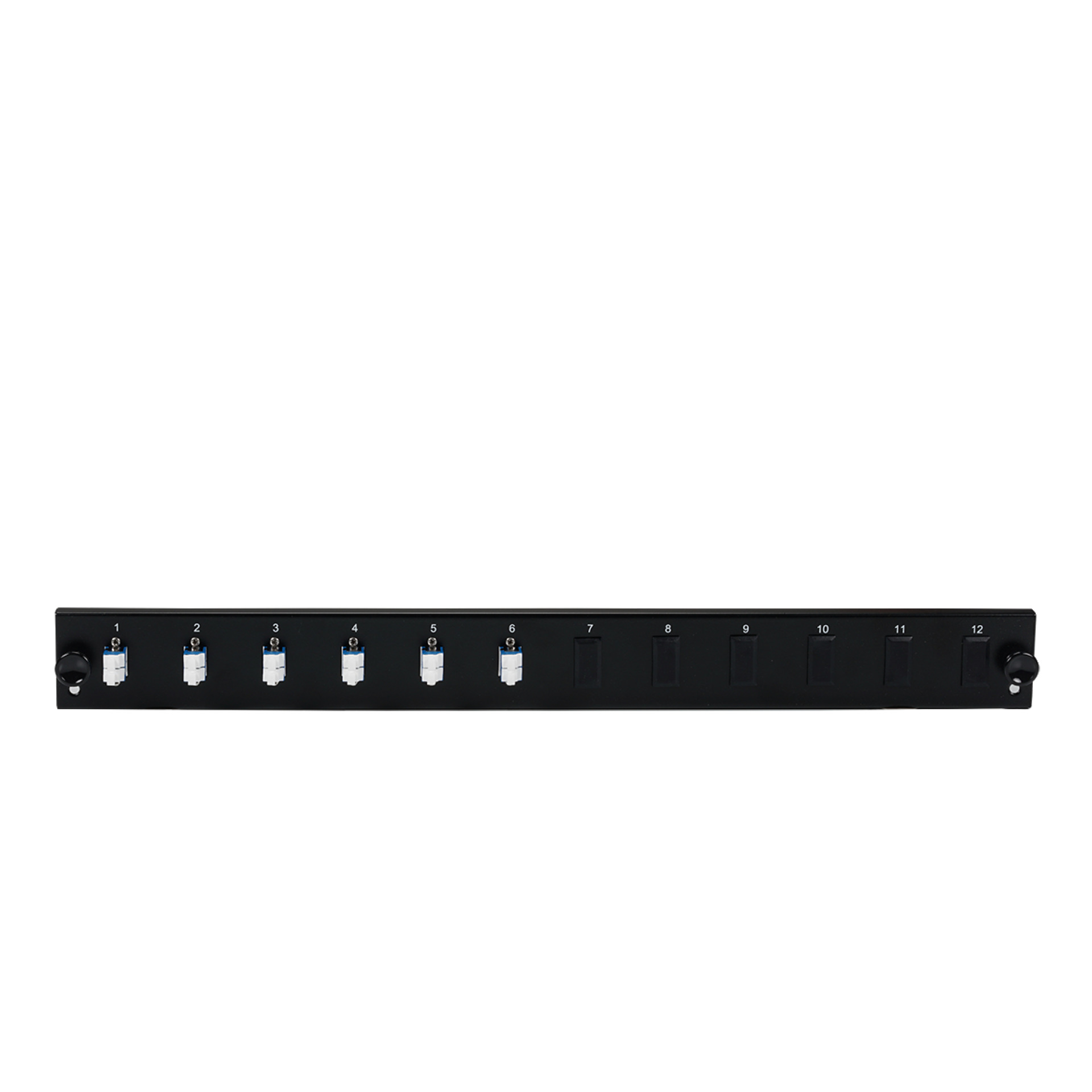 Bestückte 12 Port Frontblende mit 6 x LC Duplex Kupplung OS2 vertikal, schwarz