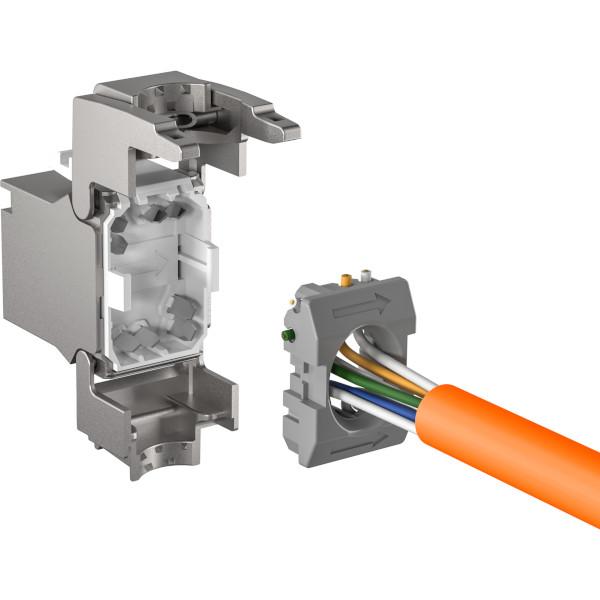 Offenes RJ45 CAT 6A Keystone-Modul E-20094 mit internem Kabelanschluss für präzise und leistungsstarke Netzwerkverbindungen in professionellen IT-Umgebungen