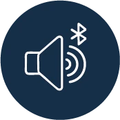 White icon of a Bluetooth speaker with sound waves on a dark blue background.