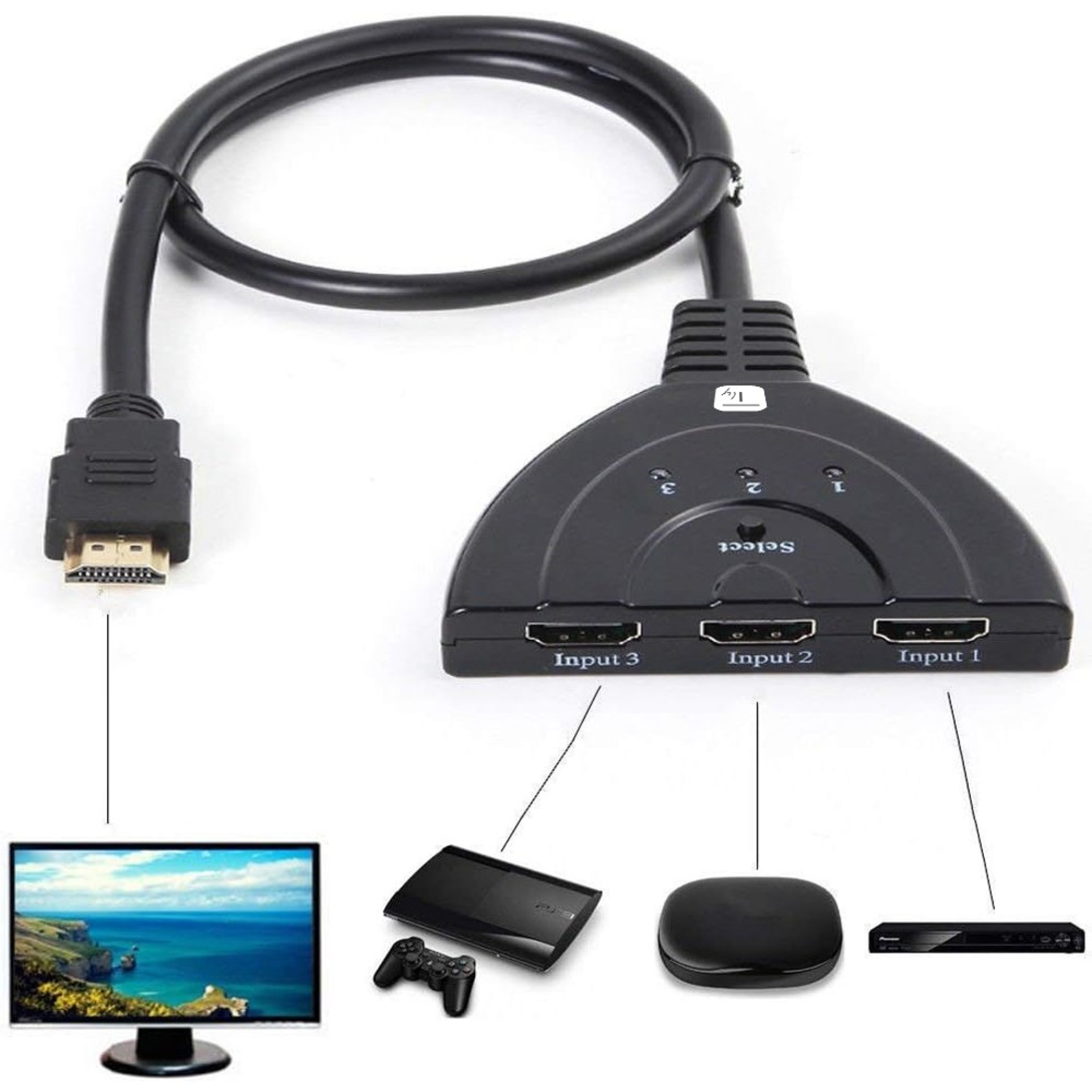 Compact 3-port HDMI switch, 8K@60Hz, 0.50 m, black, 3 x IN/1x OUT