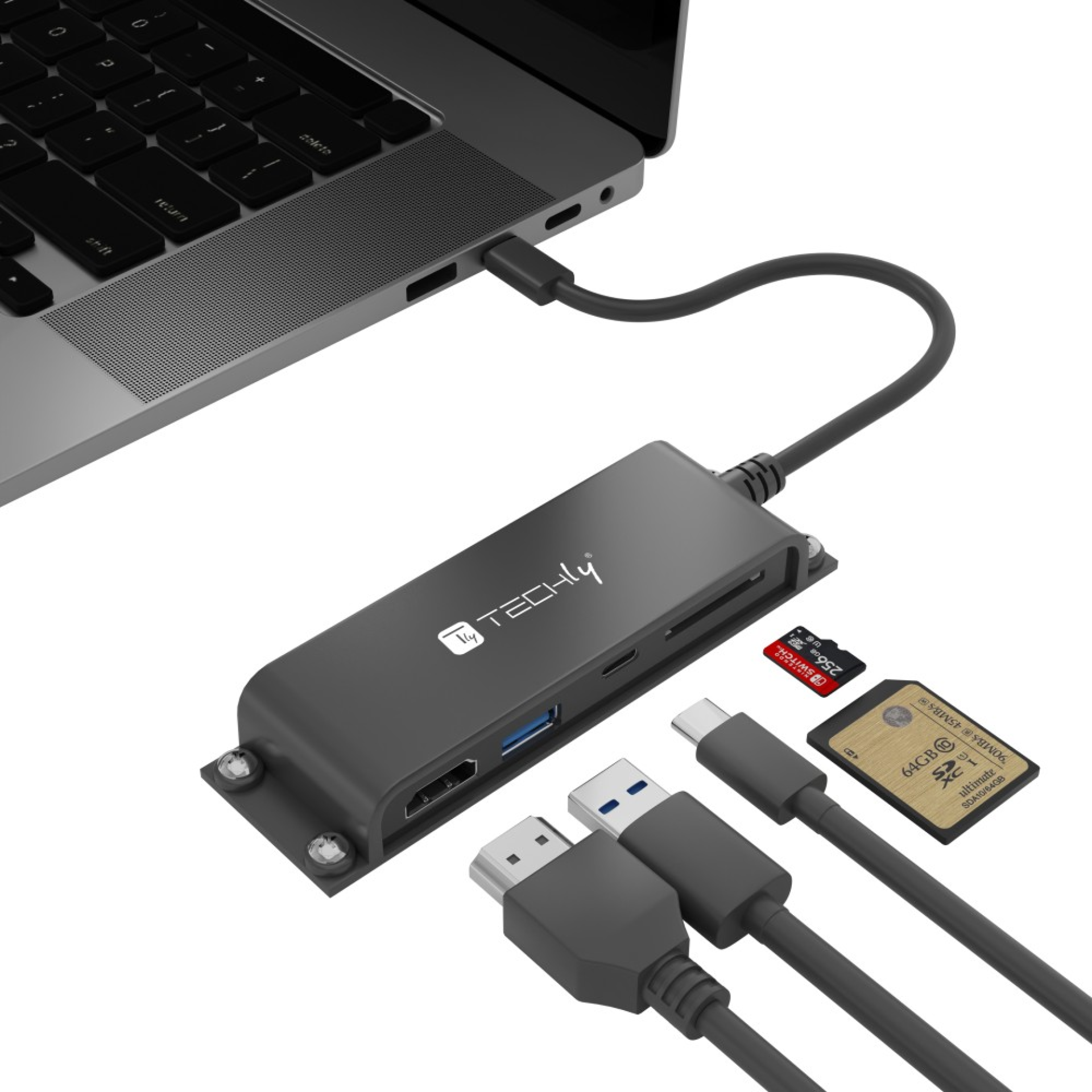 Techly Docking Station 5 in 1 USB-C HDMI Hub mit Micro SD/SD Reader