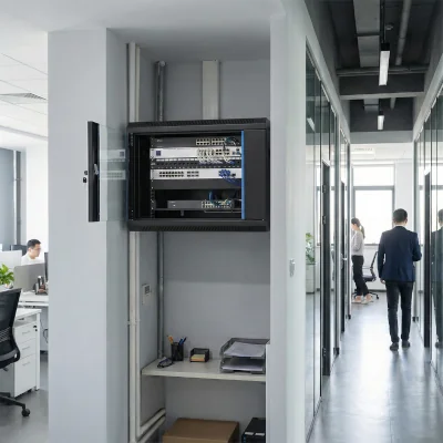 Offenes 19-Zoll-Wandgehäuse mit Patchpanel, Switch und strukturierter Netzwerktechnik in einem modernen Büroflur mit verglasten Büroräumen