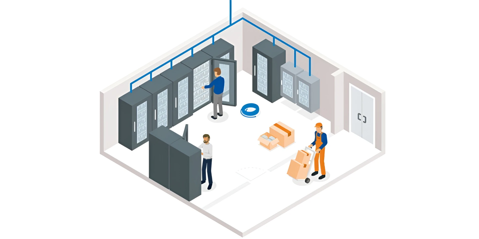 Serverraum mit Netzwerkschränken und Technikern bei Installation – EFB-Elektronik Serverraum mit Netzwerkschränken und Technikern bei Installation – EFB-Elektronik
